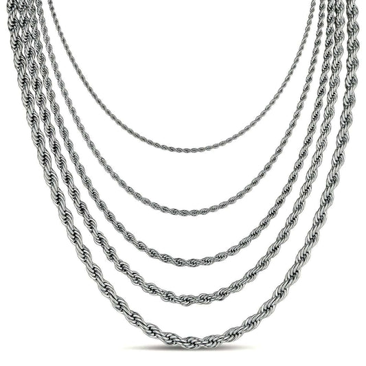 HarlemBling Rope Chain Necklace - White Gold Plated Stainless Steel - 18"-30" - 2mm-6mm
