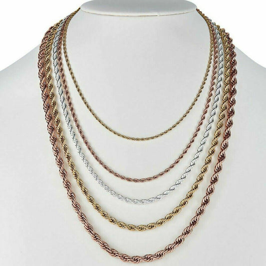 HarlemBling Rope Chain - Yellow Rose Or White Gold Over Solid Stainless Steel - 2-6mm 18-30
