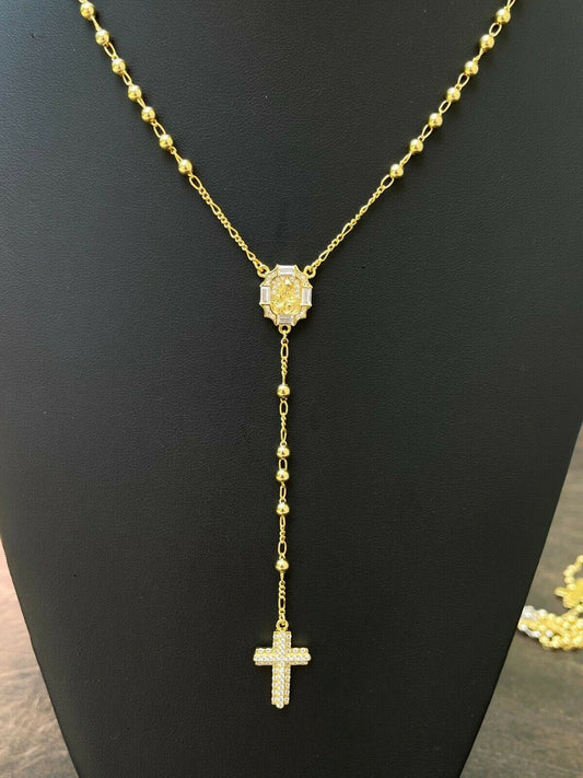 HarlemBling Rosary Beads Necklace Gold and Real 925 Silver Rosario Iced Baguette Diamond Out