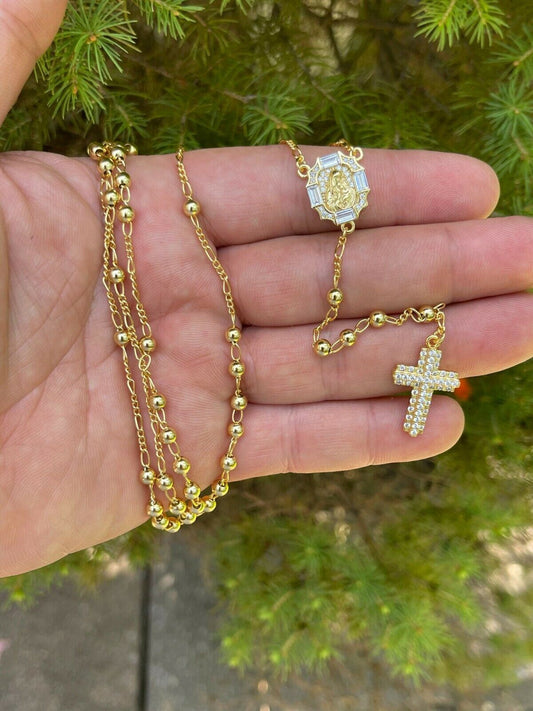 HarlemBling Rosary Beads Necklace Gold and Real 925 Silver Rosario Iced Baguette Diamond Out