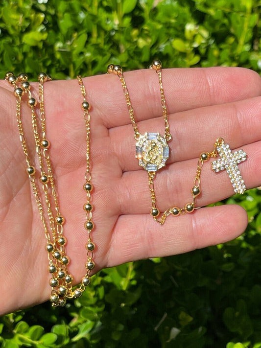 HarlemBling Rosary Beads Necklace Gold and Real 925 Silver Rosario Iced Baguette Diamond Out