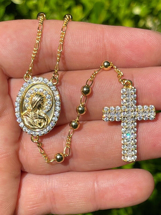 HarlemBling Rosary Beads Necklace Gold and Real 925 Sterling Silver Rosario Jesus Iced Diamond