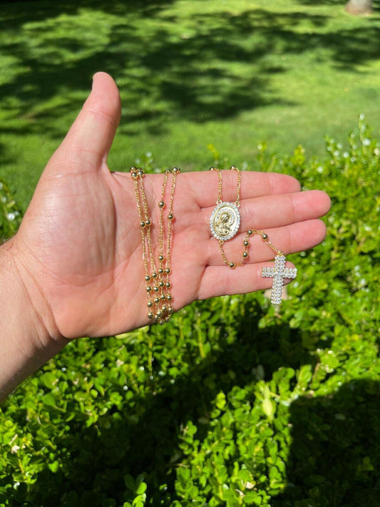 HarlemBling Rosary Beads Necklace Gold and Real 925 Sterling Silver Rosario Jesus Iced Diamond