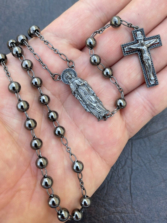 HarlemBling Rosary Beads Necklace Real 925 Silver Rosario Jesus Virgin Mary Black Diamond