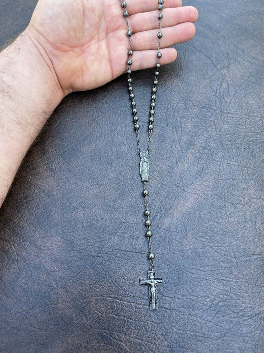 HarlemBling Rosary Beads Necklace Real 925 Silver Rosario Jesus Virgin Mary Black Diamond