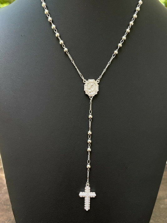 HarlemBling Rosary Beads Necklace Real 925 Sterling Silver Rosario Iced Baguette Diamond Out