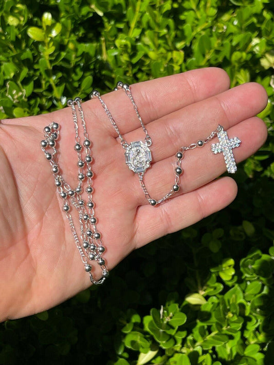 HarlemBling Rosary Beads Necklace Real 925 Sterling Silver Rosario Iced Baguette Diamond Out