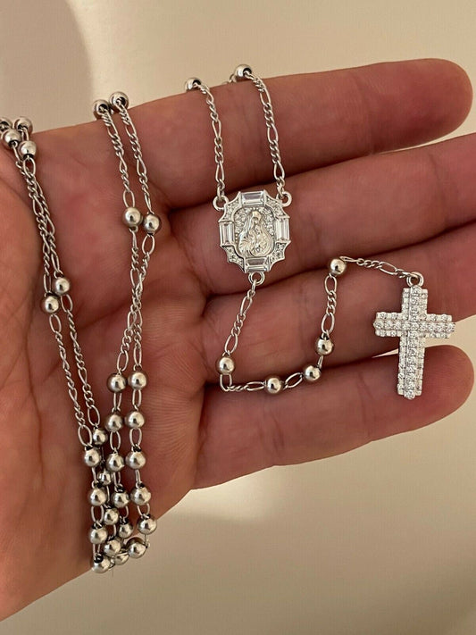 HarlemBling Rosary Beads Necklace Real 925 Sterling Silver Rosario Iced Baguette Diamond Out