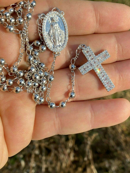 HarlemBling Rosary Beads Necklace Real Solid 925 Sterling Silver Rosario Iced Baguette ITALY
