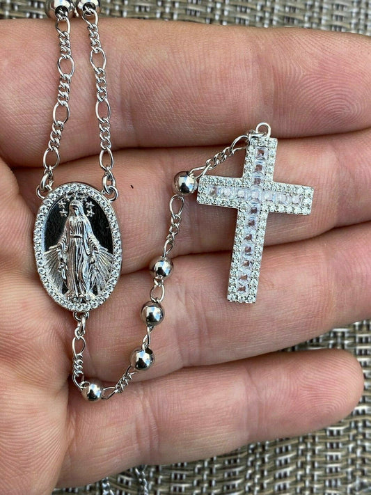 HarlemBling Rosary Beads Necklace Real Solid 925 Sterling Silver Rosario Iced Baguette ITALY
