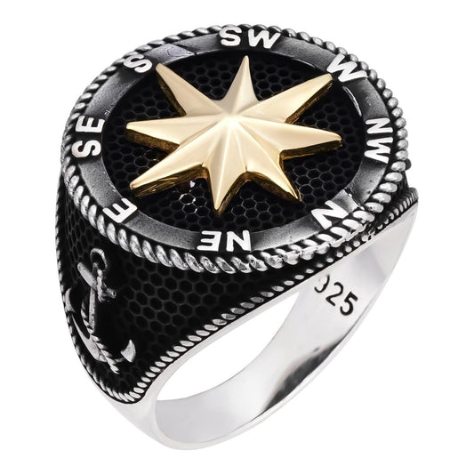HarlemBling Sailor's Compass Ring - 925 Silver Oxidized W. Gold Accent - Plain