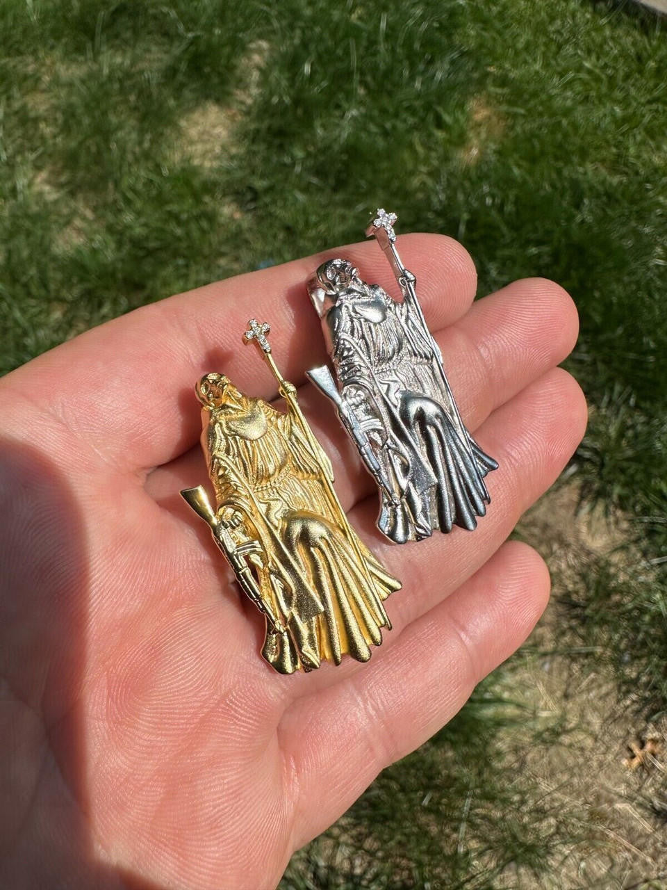 HarlemBling Santa Muerte Grim Reaper Death Pendant W. AK47 925 Silver / Gold Plated Necklace