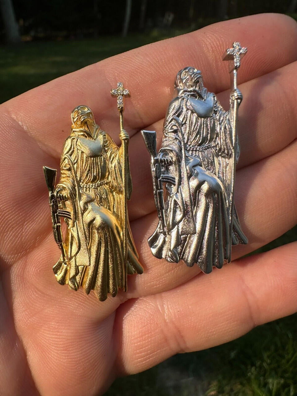 HarlemBling Santa Muerte Grim Reaper Death Pendant W. AK47 925 Silver / Gold Plated Necklace