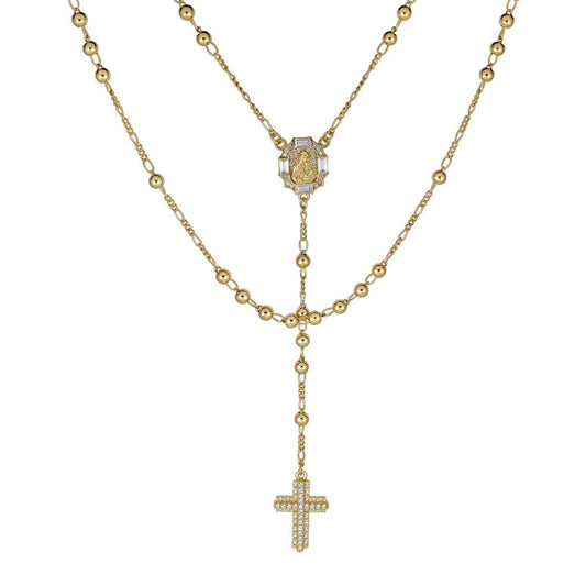 HarlemBling Santo Spirito Rosario Rosary Beads Necklace Iced Out CZ Stones - 14k Gold Vermeil 925 Silver - 4mm - 26"