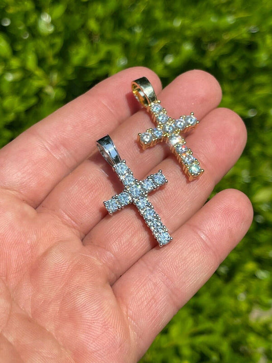 HarlemBling Silver / Gold Tennis Cross Pendant Iced Necklace MOISSANITE Pass Diamond Tester