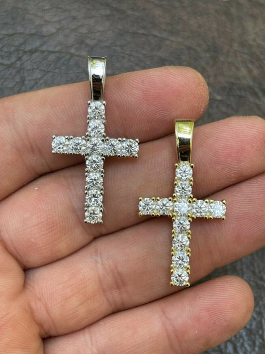 HarlemBling Silver / Gold Tennis Cross Pendant Iced Necklace MOISSANITE Pass Diamond Tester