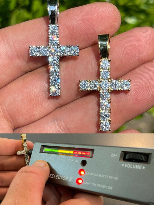 HarlemBling Silver / Gold Tennis Cross Pendant Iced Necklace MOISSANITE Pass Diamond Tester