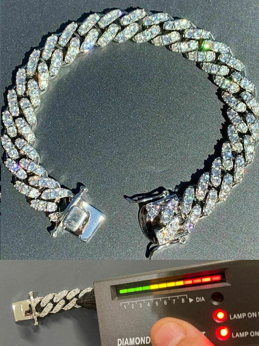HarlemBling Silver Mens Miami Cuban Bracelet Real Iced Moissanite Pass Diamond Tester HEAVY