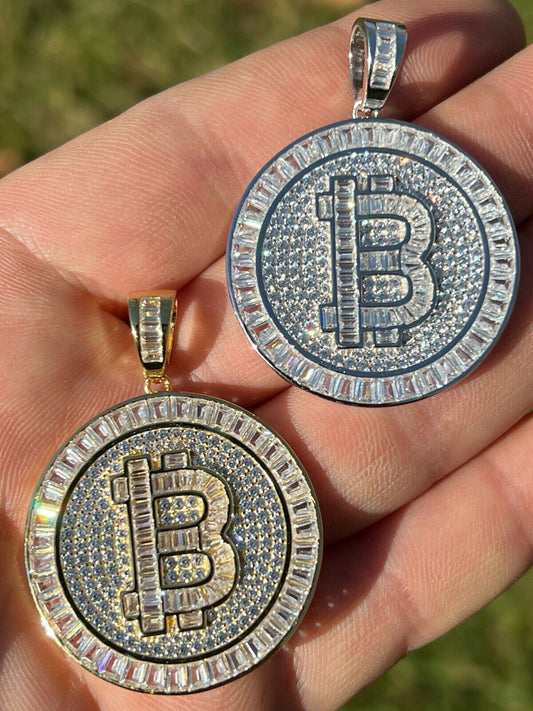 HarlemBling Solid 925 Silver / 14K Gold Bling Out Iced BITCOIN Big Hip Hop Pendant Necklace
