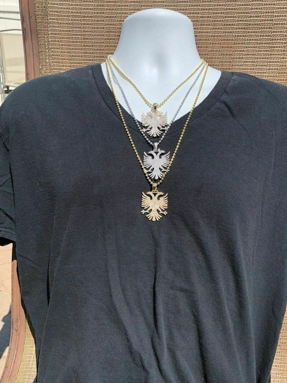 HarlemBling Solid 925 Silver Albanian Kosova Two Headed Eagle Pendant Diamond 2 Big Piece