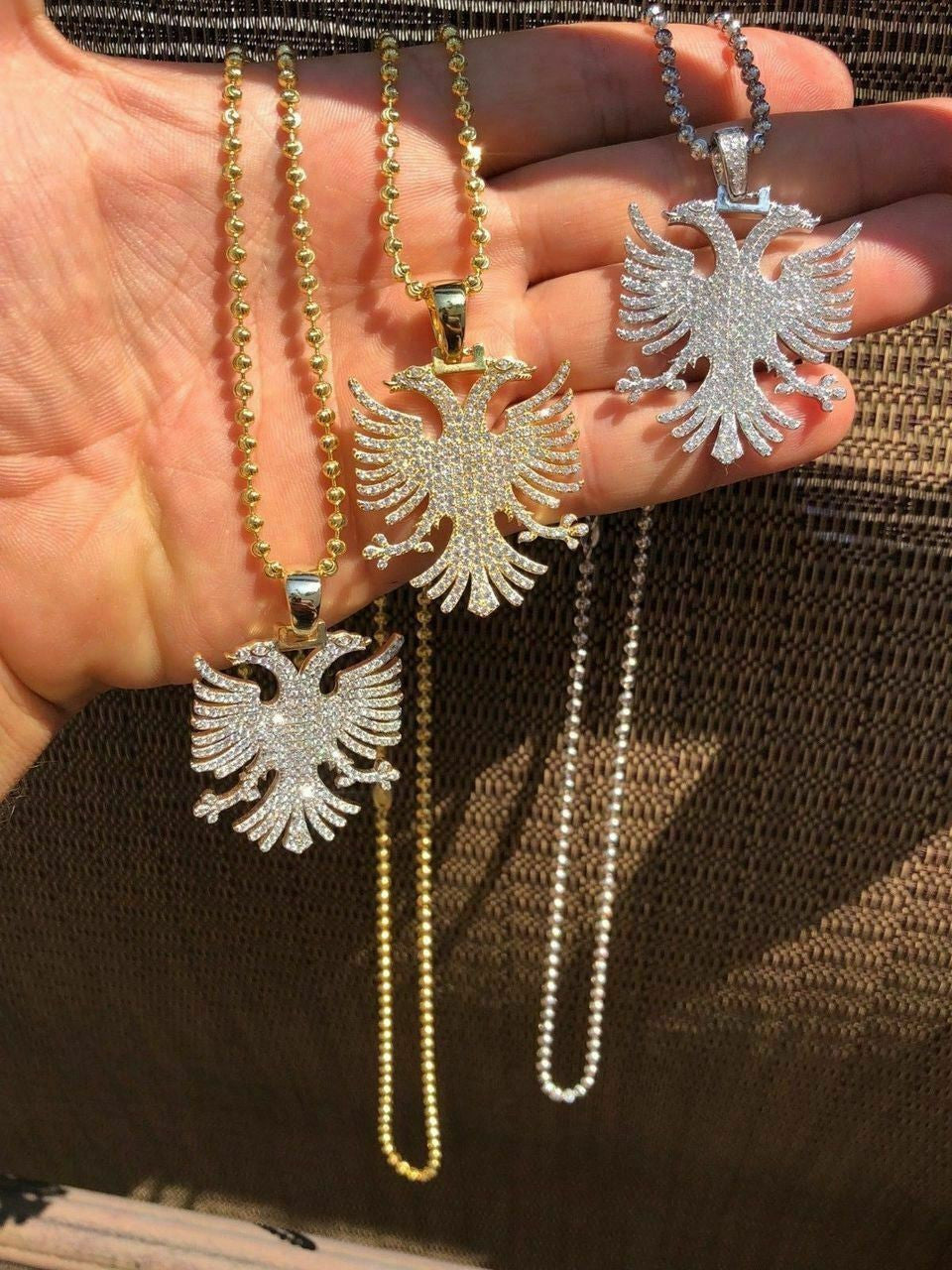 HarlemBling Solid 925 Silver Albanian Kosova Two Headed Eagle Pendant Diamond 2 Big Piece