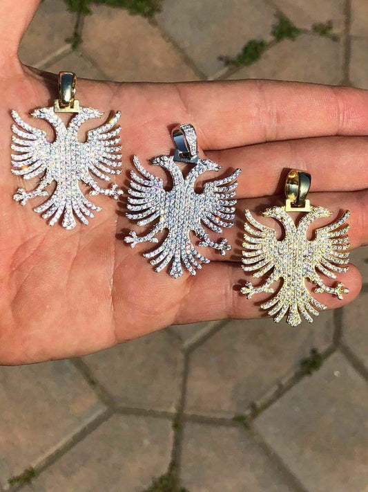 HarlemBling Solid 925 Silver Albanian Kosova Two Headed Eagle Pendant Diamond 2 Big Piece