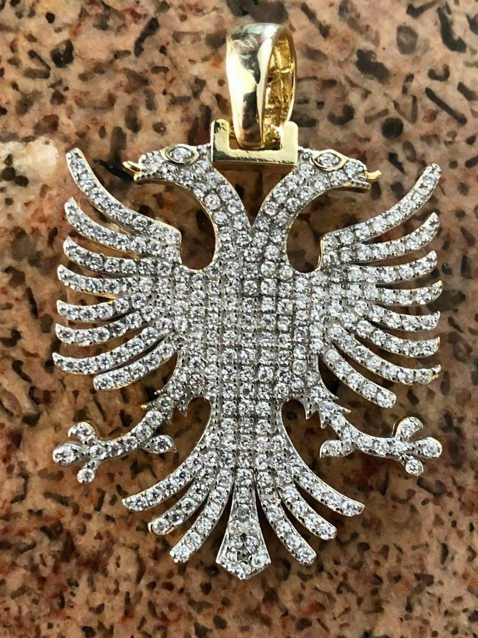 HarlemBling Solid 925 Silver Albanian Kosova Two Headed Eagle Pendant Diamond 2 Big Piece