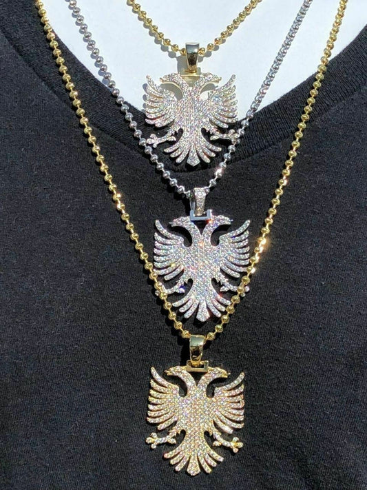 HarlemBling Solid 925 Silver Albanian Kosova Two Headed Eagle Pendant Diamond 2 Big Piece