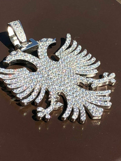 HarlemBling Solid 925 Silver Albanian Kosova Two Headed Eagle Pendant Diamond 2 Big Piece