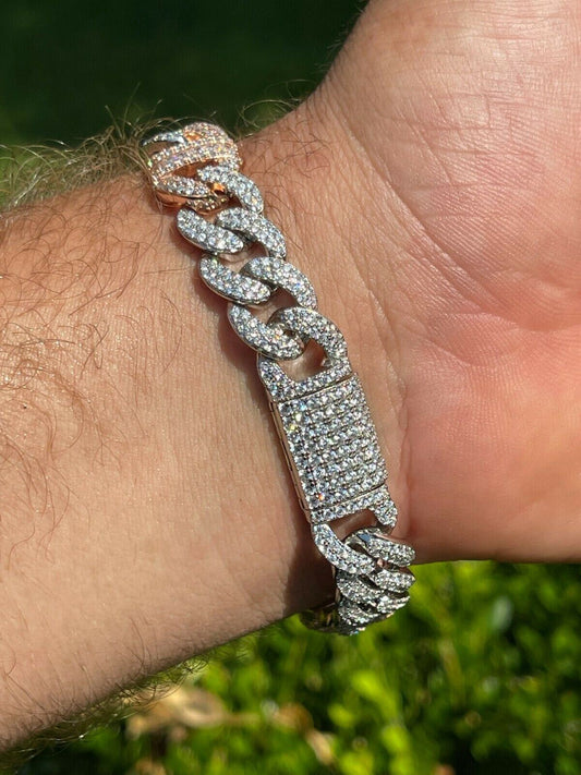 HarlemBling Solid 925 Silver and Rose Gold Men Cuban Iced Gucci Link Bracelet Baguette Diamond