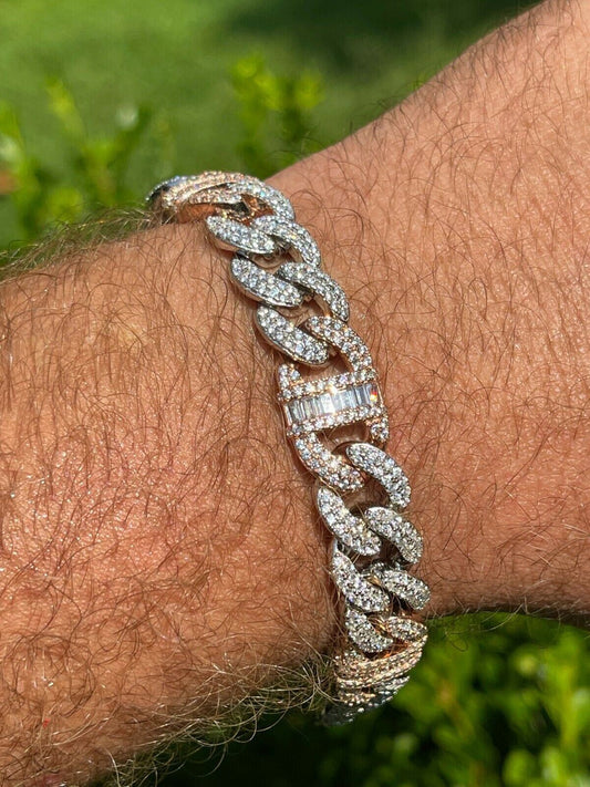 HarlemBling Solid 925 Silver and Rose Gold Men Cuban Iced Gucci Link Bracelet Baguette Diamond