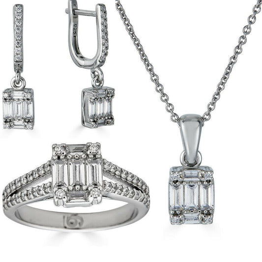 HarlemBling Solid 925 Silver Baguette Diamond Ring Pendant Necklace and Earrings Jewelry Set