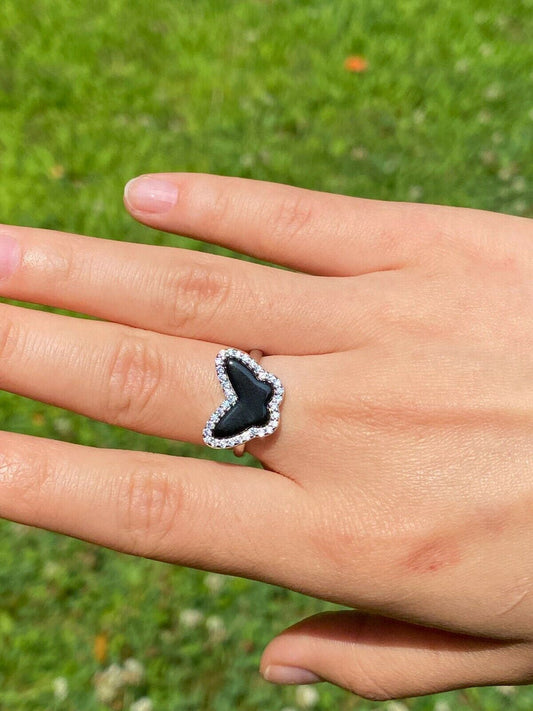 HarlemBling Solid 925 Silver Butterfly Black Onyx Ring Necklace and Earrings Ladies Girls Set