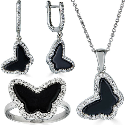 HarlemBling Solid 925 Silver Butterfly Black Onyx Ring Necklace and Earrings Ladies Girls Set