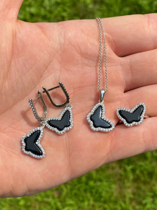 HarlemBling Solid 925 Silver Butterfly Black Onyx Ring Necklace and Earrings Ladies Girls Set
