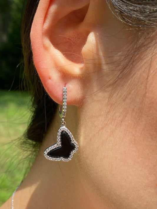 HarlemBling Solid 925 Silver Butterfly Black Onyx Ring Necklace and Earrings Ladies Girls Set
