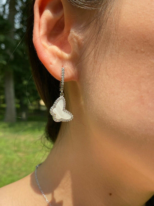HarlemBling Solid 925 Silver Butterfly Mother Of Pearl Ring Necklace and Earrings Ladies Set