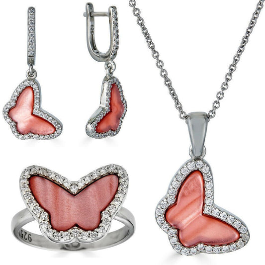 HarlemBling Solid 925 Silver Butterfly Pink Pearl Ring Necklace and Earrings Ladies Girls Set