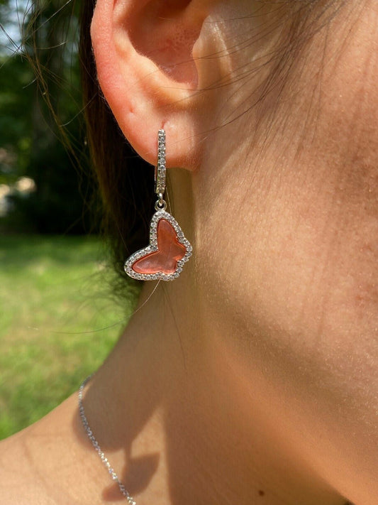 HarlemBling Solid 925 Silver Butterfly Pink Pearl Ring Necklace and Earrings Ladies Girls Set