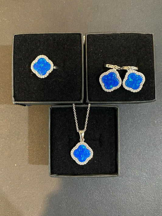 HarlemBling Solid 925 Silver Four Leaf Clover Blue Opal Ring Necklace and Earrings Ladies Set
