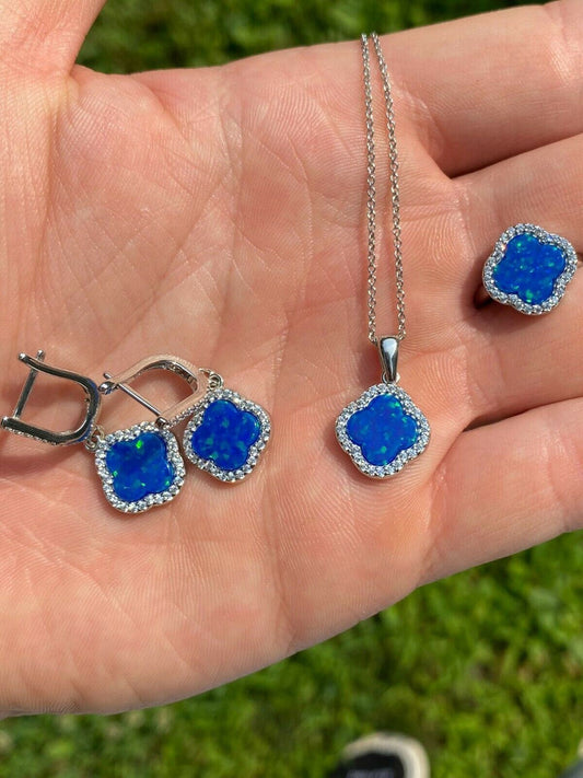 HarlemBling Solid 925 Silver Four Leaf Clover Blue Opal Ring Necklace and Earrings Ladies Set