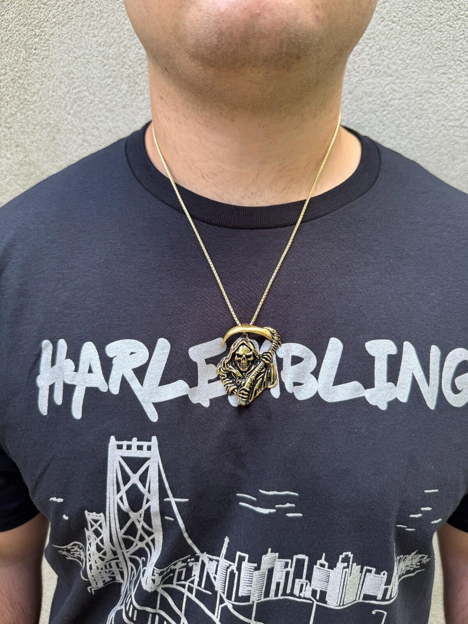 HarlemBling Solid 925 Silver / Gold Plated Grim Reaper Death Santa Muerte Pendant Necklace