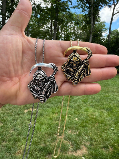 HarlemBling Solid 925 Silver / Gold Plated Grim Reaper Death Santa Muerte Pendant Necklace