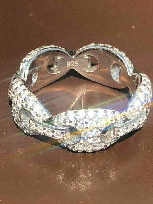 HarlemBling Solid 925 Silver Gucci Link Diamond RING Band Size 6 7 8 9 10 11 12 13 Pinky ICY