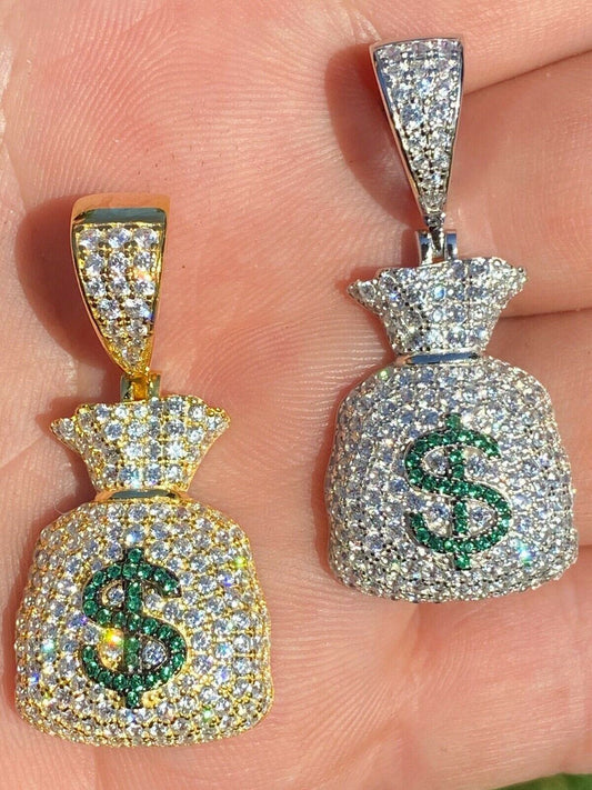 HarlemBling Solid 925 Silver Hip Hop Money Bag Emoji Pendant Necklace Iced Dollar Sign