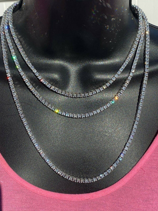 HarlemBling Solid 925 Silver Iced Square Micro Tennis Chain Baguette Necklace Mens Ladies