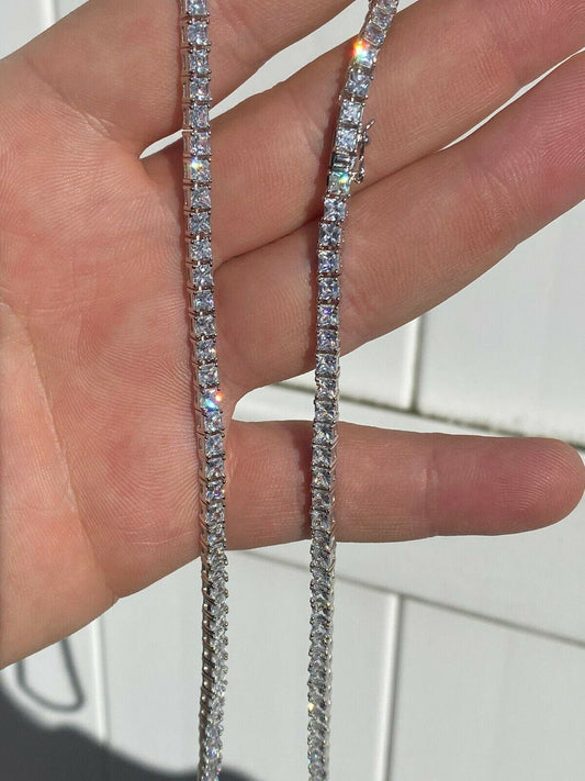 HarlemBling Solid 925 Silver Iced Square Micro Tennis Chain Baguette Necklace Mens Ladies