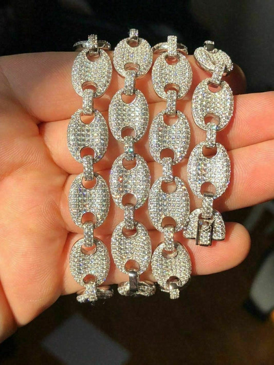 HarlemBling Solid 925 Silver Mens Mariner Puffed Gucci Link Chain Icy Diamond 12mm Necklace
