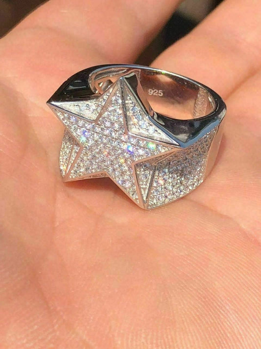 HarlemBling Solid 925 Silver Mens Womens Hip Hop Rapper 3D STAR Diamond Pinky RING Pinky