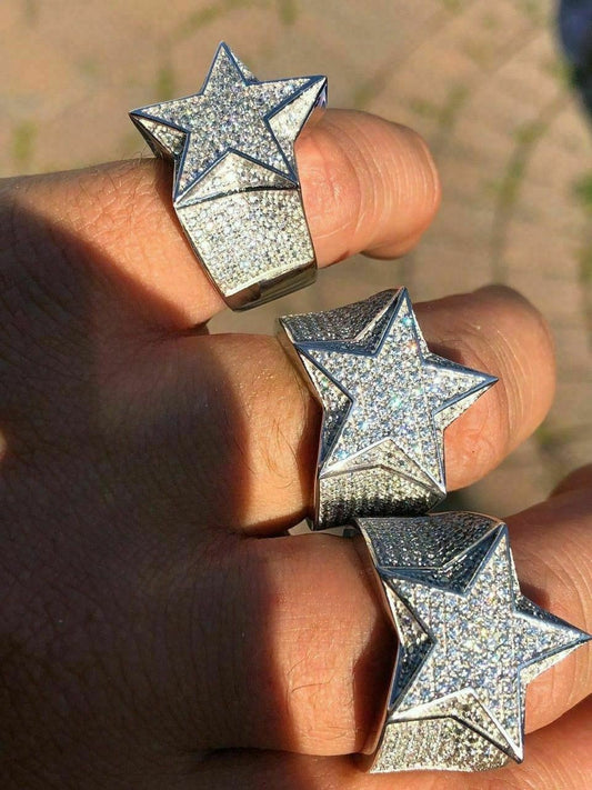 HarlemBling Solid 925 Silver Mens Womens Hip Hop Rapper 3D STAR Diamond Pinky RING Pinky